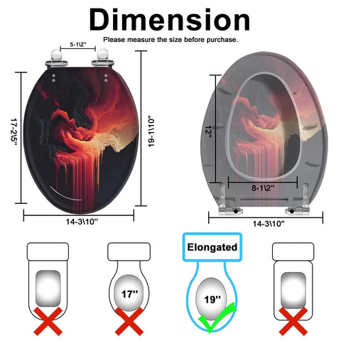 Elongated Slow Close Toilet Seat Replacement for Bathroom with artistic design, dimensions shown for accurate fitting.