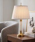 Empire Style Pleat Lamp Shade In Linen White, Silk Type Shantung Fabric With Off White Lining on table lamp