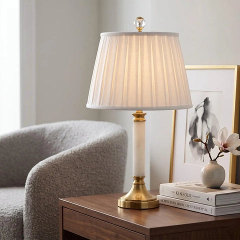Empire Style Pleat Lamp Shade In Linen White, Silk Type Shantung Fabric With Off White Lining on table lamp