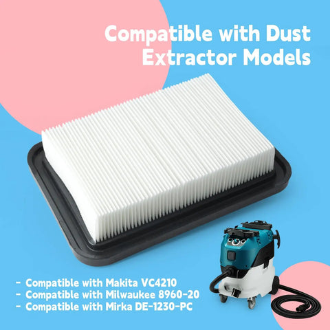 2 Pack W107418351 Filter Replacement For Makita VC4210 Dust Extractor, Works With Milwaukee 8960-20, filter and vacuum displayed