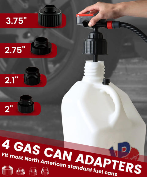 USB Charged Electric Fuel Transfer Pump For Gas Cans And Jugs with adapters for different openings, shown with hand on the nozzle.