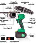 Pro Grade Cordless Electric Wire Puller With Slick Variable Speed Control features detailed parts and labels for easy identification.