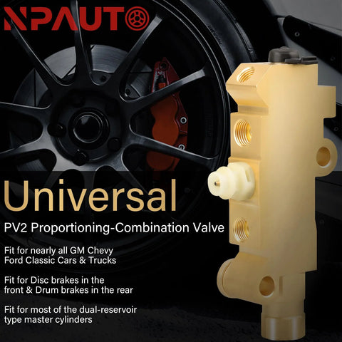 PV2 universal proportioning-combination brake valve, brass, side view with threaded ports and NPAUTO logo