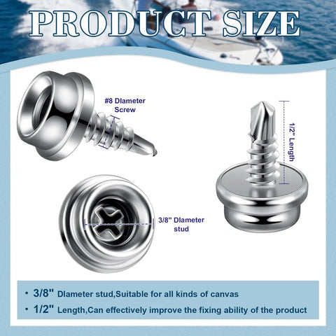 Heavy Duty Marine Boat Cover Snaps 24 Pack Stainless Steel 3/8 Inch Socket Studs showing 3/8" diameter and 1/2" length fasteners.