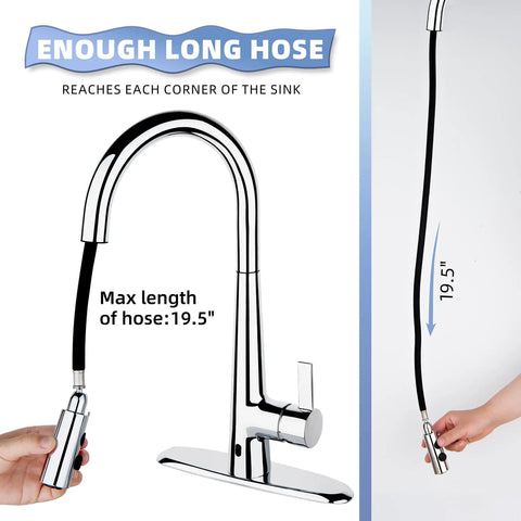 Touchless Kitchen Faucet With Pull Down Sprayer And Motion Sensor Hands Free Tap High Arc Chrome showing 19.5" hose extension.