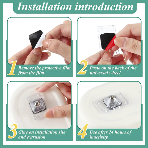 Installation steps for 48 Pack Self Adhesive Caster Wheels for Kitchen Appliances and Furniture, DIY Friendly.