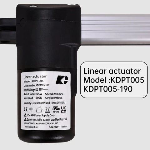KDPT005190 Linear Actuator close-up with label showing specs for power recliner lift chair replacement, model KDPT005-190.
