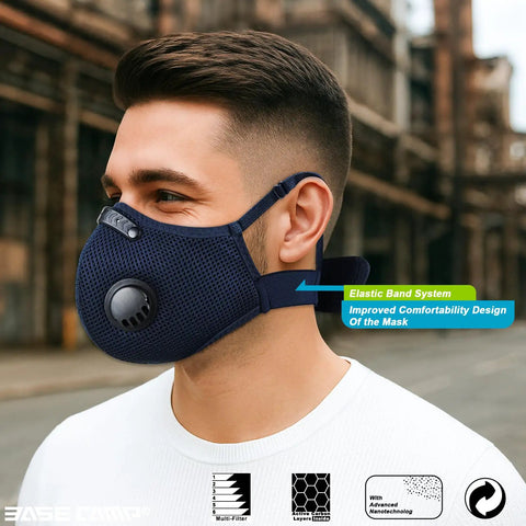 Side view of man wearing blue Three Color Reusable Dust Mask Respirator For Woodworking And Construction With 99.9 Percent Carbon Filters