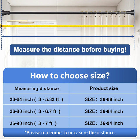 Size guide for Matte Black Shower Curtain Rod 36 To 84 Inch Adjustable No Slip No Drill Stainless Steel Spring Tension Rod.