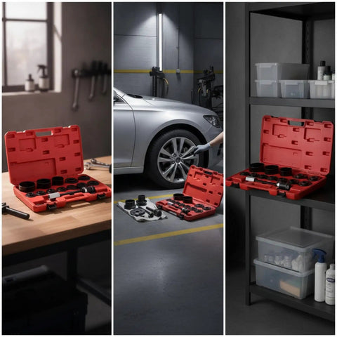 Heavy Duty Bearing Puller Front Wheel Hub Removal And Installation Kit With Press Screw Adapter Cups Push Plates Built From Carbon Steel Hardware in red case, wheel hub service