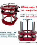 Bulletproof Router Lift Kit Featuring Heavy Duty Aluminum Base Plate With Smooth Adjustment Dial Fits All Standard 65 Millimeter Woodworking Motors For Rock Solid Router Table Setups And Zero Sweat Diy Projects showcasing compact red aluminum design and stainless steel support rods.