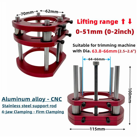 Bulletproof Router Lift Kit Featuring Heavy Duty Aluminum Base Plate With Smooth Adjustment Dial Fits All Standard 65 Millimeter Woodworking Motors For Rock Solid Router Table Setups And Zero Sweat Diy Projects showcasing compact red aluminum design and stainless steel support rods.