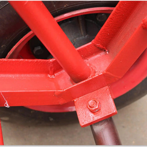 Two Wheel Concrete Pole Mover Cart For Heavy Duty Utility Poles Single Utility Pole Dolly With Beast Steel Construction For Linemen Field Work And Power Installation, red steel wheel frame close-up
