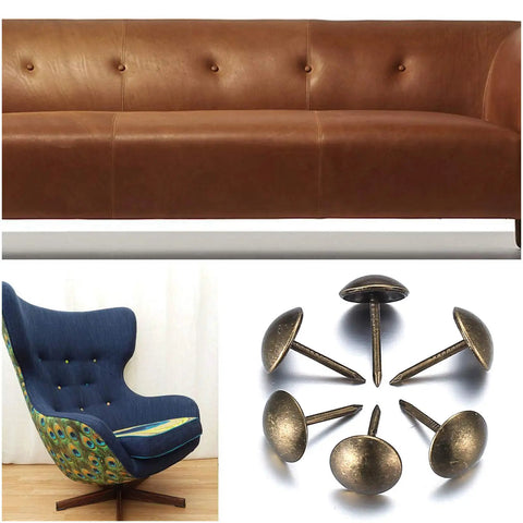 Premium 320 Piece Set Of Top Shelf Upholstery Tacks Featuring A Knockout Antique Brass Finish and Smooth Round Heads crafted from heavy duty iron.
