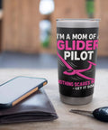 Proud Mom Of A Glider Pilot Insulated Stainless Steel Tumbler on table with phone and keychain, for soaring enthusiasts.