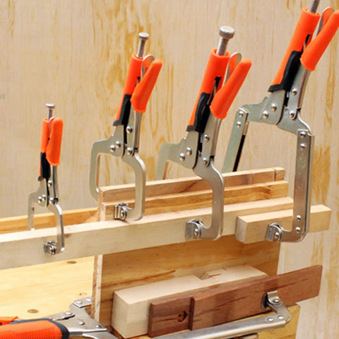 Super Tough Locking C Clamp Pliers Set Inch Duty Woodworking Face Tool With Rotating Pads For Welding And Pocket Hole Joinery Projects That Are 14 Inches Long with orange grips holding wood.