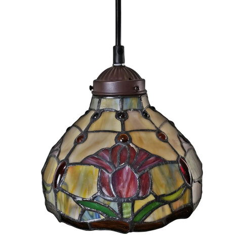 Vintage Tiffany Style Hanging Lamp With Red Floral Tulips 8 Inch Stained Glass Pendant Featuring 128 Hand Cut Pieces And 20 Jewels UL Listed LED And CFL Compatible E26 60W Bulb Not Included
