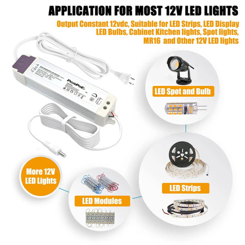 No Brainer 12V 50W Dimmable LED Driver For Light Strips And Accent Lights Triac ELV MLV Compatible With Lutron Leviton Dimmers Smooth Flicker Free Dimming Converts 110V AC To 12V DC, white power supply with cord
