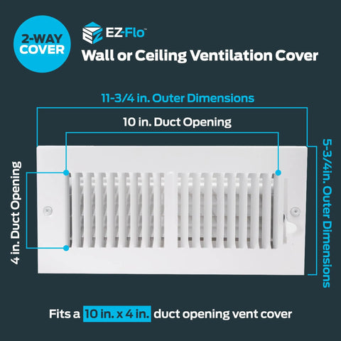 Two Way Air Vent Cover For 10 By 4 Inch Duct Opening In Wall Or Ceiling Mount Solid Steel HVAC Register Cover With Five Adjustable Dampers And Eighteen Louvers White Easy Install