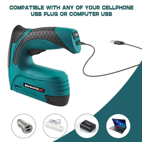 Cordless 2 In 1 Brad Nailer And Stapler Kit With USB Charger Cable shown connected to a laptop