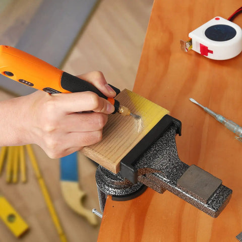 Universal Bench Vise Clamp On Tool With 3.15 Inch Jaw And 360 Degree Swivel Base holding wood for DIY projects