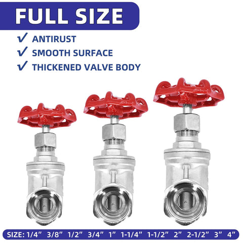 Set of three 4-inch stainless steel gate valves with red wheel handles and female x female NPT threads