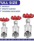 Full range of stainless steel gate valves with red wheel handles, showing different sizes for industrial plumbing and HVAC systems