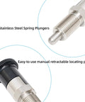 Close-up of Heavy Duty Stainless Steel Spring Plunger With No Slip Self Locking Knob And Precision Positioning Pin for garage jobs.