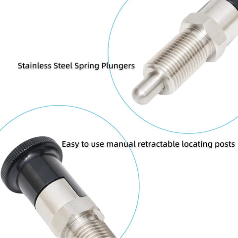 Close-up of Heavy Duty Stainless Steel Spring Plunger With No Slip Self Locking Knob And Precision Positioning Pin for garage jobs.