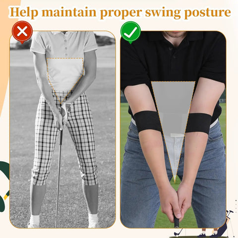 Swing Correcting Arm Band 4 Pack Elastic Golf Swing Trainer For Right And Left Handed Players No Chicken Wing Improve Tempo Arm Sync And Consistency Easy Swing Aid For Beginners And Pros Black showing proper swing posture compared to incorrect posture with visual guide.