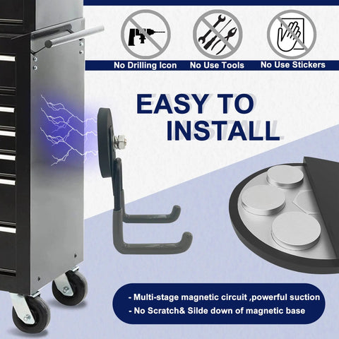 Heavy Duty Magnetic Hooks 22 Lb Strength 2 Pack Garage Hooks for hanging tools, easy installation, and no tools required.