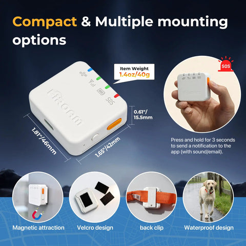 Compact Real Time GPS Vehicle Tracker With Five Second Live Updates For Cars Trucks And Fleet Management, showcasing multiple mounting options.