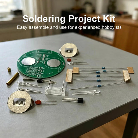 Components of LED Rotating Desk Gyroscope Soldering Practice Kit For Beginners Easy No Fuss Build Electronics DIY Project.