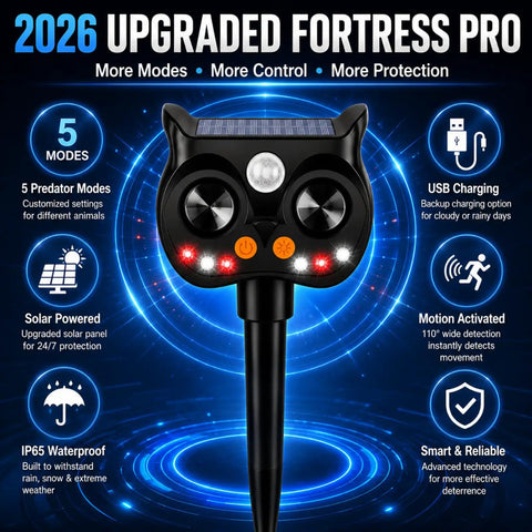 Solar Ultrasonic Animal Repeller With LED Strobe, Motion Sensor, And Adjustable Volume For Yard Deterrence Against Deer, Cats, Skunks, Squirrels, Raccoons Fortress Pro 4 Pack, solar stake unit