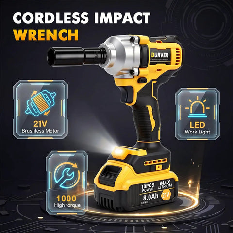 High Torque 1/2 Cordless Impact Wrench Replacing Dewalt Dcf894b with 21V battery, LED light, and brushless motor for tough jobs.