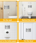 Two Pack Do Not Flush Signs For Bathroom Self Adhesive Aluminum Signs Please Do Not Flush Anything Except Toilet Paper displayed on wall, by toilet, next to paper, and on door in home and business, size 9 by 6 inches.