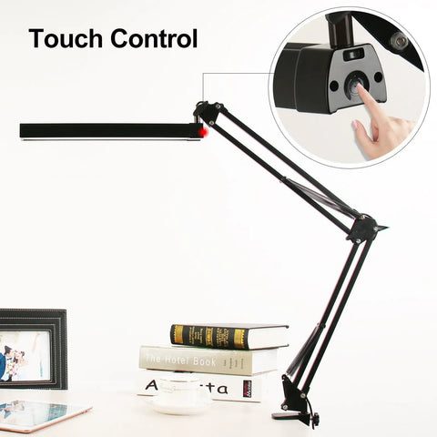 Go To Metal Adjustable Swing Arm Desk Lamp With Clamp Touch Control Stepless Dimming demo on a desk with books