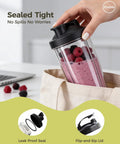 28 Oz Blender Cup Replacement With To Go Lids Pack Of 2 BPA Free shown with smoothie in cup, seal lid, being placed in bag.