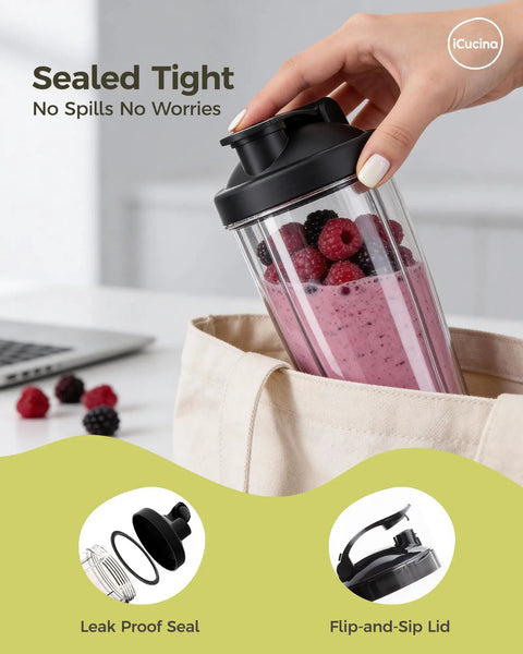 28 Oz Blender Cup Replacement With To Go Lids Pack Of 2 BPA Free shown with smoothie in cup, seal lid, being placed in bag.
