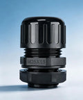 Rock Solid PA66 Nylon Corrugated Conduit Fitting Metric M Screw On Connector for rugged wiring, featuring M25X1.5 size in black.