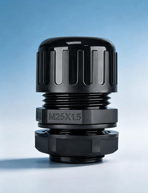 Rock Solid PA66 Nylon Corrugated Conduit Fitting Metric M Screw On Connector for rugged wiring, featuring M25X1.5 size in black.