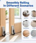 Two Piece Low Profile Caster Wheels With Rubber Non Slip Door Support Rollers Smooth Rolling Sliding Gate Glide Heavy Duty Silver Alloy Bottom Foot No Sweat Setup installed on wooden double doors.
