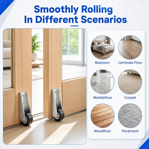Two Piece Low Profile Caster Wheels With Rubber Non Slip Door Support Rollers Smooth Rolling Sliding Gate Glide Heavy Duty Silver Alloy Bottom Foot No Sweat Setup installed on wooden double doors.