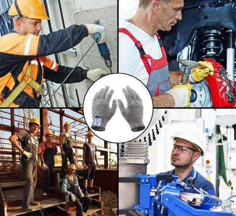Collage of workers using Pro Chef Cut Resistant Kitchen Gloves EN388 Level 5, Food Grade Safety Gloves in various construction settings.