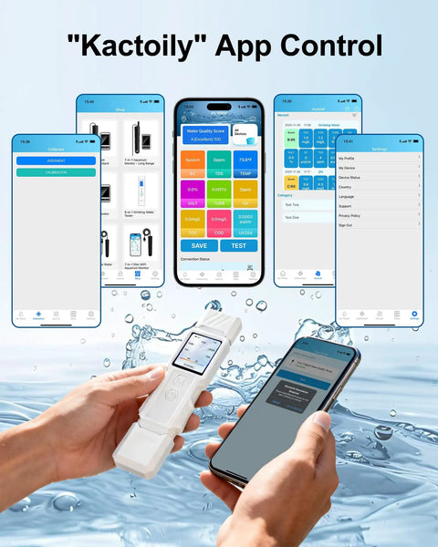 Hands using a 9 In 1 Smart Water Tester With App Monitoring, Digital Water Test Kit for various water parameters with app interface.