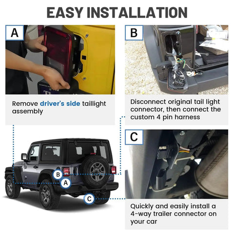 Installation steps for 4 Pin Trailer Wiring Harness For Jeep Wrangler JK JKU 2007 2018 Plug And Play T Connector 4 Way