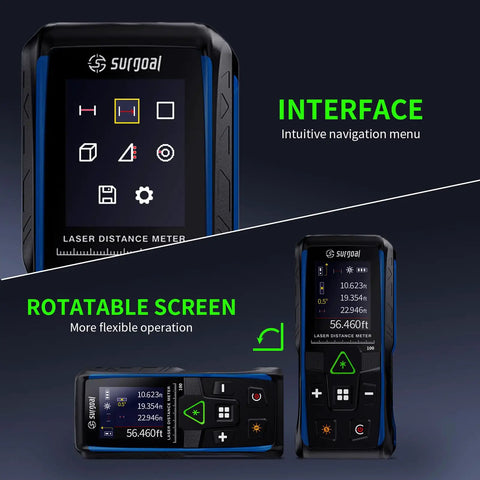 Green Laser Measuring Tool With Handy Angle Sensor 4 Way Rotating Color LCD Vibration Alert Up To 328 Feet Range Auto Screen Rotation For Easy Reading From Any Angle on a black handheld meter
