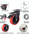 Set of 4 heavy-duty 5-inch caster wheels with brakes; red TPR rubber wheels, 2 fixed and 2 swivel industrial plate casters