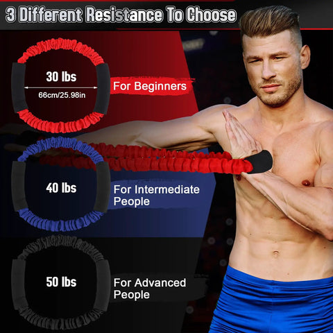 Three Pack Archery Bow Strength Trainer Bands Set With 30 Lbs 40 Lbs And 50 Lbs Resistance shown with male athlete