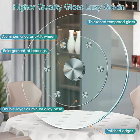 Game Changer Lazy Susan Serving Tray With Whisper Smooth Tempered Glass Top And Beefed Up Aluminum Bearing Base For No Sweat Dining Table Sharing And Hassle Free Entertaining Size Thirty Five Inches Wide features thickened glass and aluminum base.